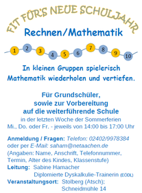 Hamacher Dyskalkulie Ferienmathematikkurs