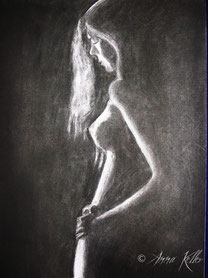 Woman in Darkness, Charcoal, Drawing, Naked, Akt, Art, Kunst, Zeichnung, Malerei, Anna Keller, Painting, Kohle, Black, Schwarz, Nackt