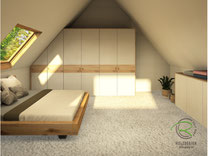Fotorealistische Entwurfsplanung eines Dachnischenschrank mit Schräge links mit waagrechtem Holzdekor Einlage von Schreinerei Holzdesign Ralf Rapp in Geisingen