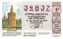 DECIMO LOTERÍA NACIONAL - Nº 34837 - 12 DE AGOSTO DE 1.989 (1,50€).