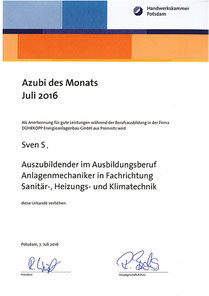 Azubi des Monats Juli 2016
