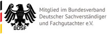 BDSF-Siegel der Mitgliedschaft im Bundesverband Deutscher Sachverständiger und Fachgutachter e. V.