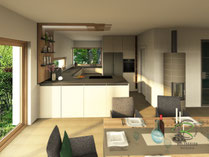 Schreinerküche fotorealistischer Planungsentwurf für die Bodenseeregion in 3D, mit integriertem Side by Side Kühlschrank, Halbinsel zum Wohnraum hin, Arbeitsplatte in Naturstein Nero Assoluto geflammt und gebürstet, Kaschmirgrau und schwarzen Griffleisten