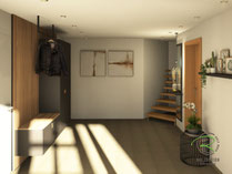 Fotorealistische 3D-CAD Raumplanung für eine Flurgarderobe im Eingangsbereich in schwarz und Eiche mit Spiegel mit schwarzen Rahmen und Ablage