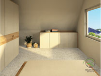 Fotorealistische Entwurfsplanung einer Kommode unter Schräge in weiß und Eichenumrandung von Schreinerei Holzdesign Ralf Rapp in Geisingen