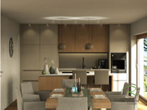 Fotorealistische Inselküchenplanung von Schreinerei Holzdesign Ralf Rapp für die Bodenseeregion mit deckenhohen Schränken mit freistehender Insel und Sitzplatz in beige und Eichendekor mit waagrechten Griffleisten, Vorratsschrank mit Innenschüben