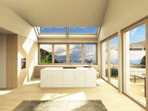 Design-Küchenplanung vom Schreiner für die Bodenseeregion Bodmann, mit deckenhoher Hochschrankzeile in Eiche furniert, versteckter Durchgang in die Speisekammer, 2-zeilige Schreinerküche mit Kücheninsel und Keramikfronten und seitlichem Sitzplatz