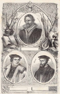 IMA.19.044 Die Reformatoren Philipp Melanchton, Martin Luther und Johannes Calvin (Holzstich, ND [vrmtl. 1865]) / © Sammlung BFHG