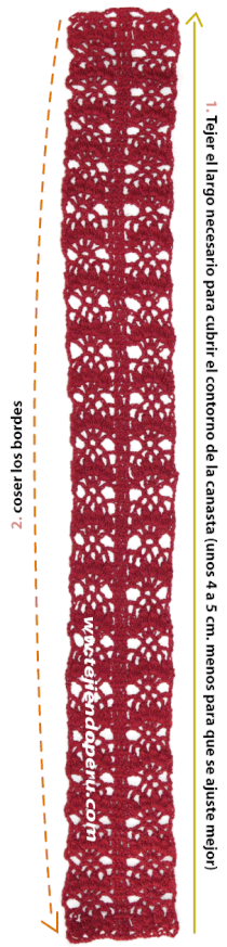 canasta con aplicación de cenefa tejida a crochet