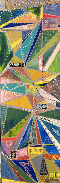 Abstraktes Gemälde von Andreas Alka alias „FLoYd“ mit Acrylfarben auf Leinwand, Hochformat, viele Farbfelder, integrierte Puzzleteile, grafische Linien und Strukturen.