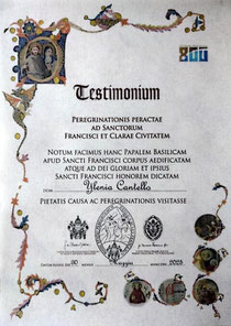 Testimonium of the Via di Francesco Sud released after the walk from Rome to Assisi passing through the four Franciscan sanctuaries of the Holy Valley