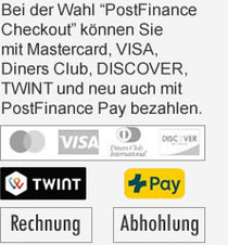 Bei der Wahl "PostFinance Checkout" können Sie mit Mastercard, VISA, Diners Club, DISCOVER, TWINT und neu auch mit PostFinance Pay bezahlen.