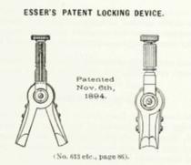Esser's patent locking device (K+E catalogue 1909, p.45) pat. US528668 by Adolf Haff. The patent document indicates that Haff assigned the patent rights to K+E.