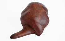 This handcrafted fine art piece features a highly polished, rich reddish-brown burl wood with a deep, swirling grain pattern. Shot from multiple perspectives, the biomorphic form seamlessly shifts from a rounded, abstract shell-like structure to an elegan