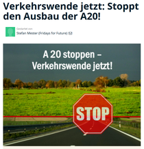 Die Grafik weist auf eine Petition gegen die A 20 hin. Titel: "Verkehrswende jetzt: Stoppt den Ausbau der A 20"!