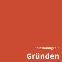 Rote Kachel, die mit den Begriffen Gründen, Selbständigkeit beschriftet ist.
