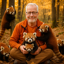 Fiktives Foto von mir: ich sitze in einem Wald. Um mich rum klettern viele Rote Pandas. eine meiner Lieblingstierarten.