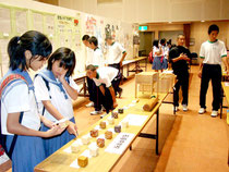 八重山地区中学校総合文化祭が始まった。展示作品を眺める中学生たち=10日午後、市民会館中ホール