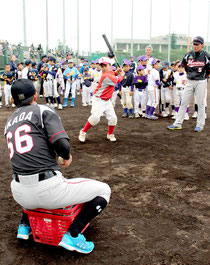 少年野球教室でバッティング指導をする千葉ロッテマリーンズの選手。子どもたちは懸命にバットを振った=8日午後、石垣市中央運動公園野球場