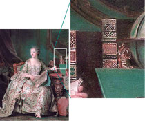 ポンパドール侯爵夫人像；ラ・トゥール 1755年 ルーヴル美術館蔵:罫線での囲みにアンシクペティと読める。