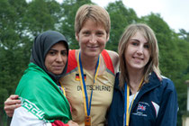 Die Medaillengewinner im 100m-Sprint der Damen.