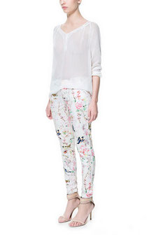 Oriental Bird Print Skinny Trousers