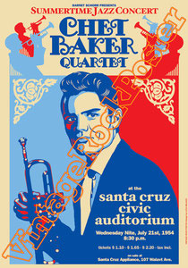 chet baker,trumpet,santa cruz,civic auditorium,blues,jazz,summertime jazz concert,concerto, musica, classic jazz,orchestra,poster,affiche,american poster,idol,symphonyc 