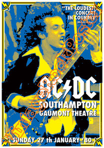 acdc,angus young,bon scott,phil rudd,mark evans,poster, affiche,cartaz,cartel,karte,manifesto,locandina,southampton,