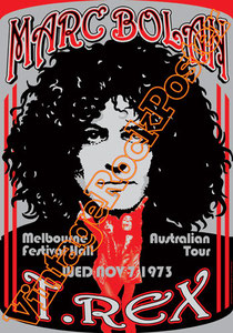 marc bolan,t rex, glam rock, rock n roll, 70s, poster, affiche, vintage rock posters, manifesto,malbourne,1973,australia,festival hall