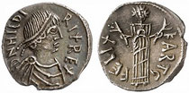 Монета Хильдериха minus] N[oster] HILDIRIX REX (Наш. На аверсе надпись на латинском: D[o Господин король Хильдерих), на реверсе женская персо-нификация Карфагена с колосьями в ру-ках и надпись FELIX KART[h]G[o]