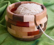 Handmade wood pieced and turned yarn bowl.