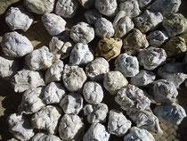 Papers soaked in water are formed into balls and left to dry out in the sun