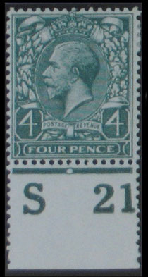 Great Britain King George V Four Penny Value Cylinder Number S 21.