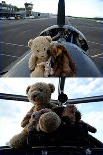 Kasimir, Cäsar und Fredi sitzen stolz auf der Nasenspitze Tante Ju's und in deren Cockpit