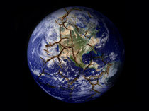 An image of the earth from space with cracks appearing across the globe