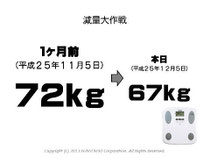 減量大作戦　１ヶ月前（平成25年11月5日）の体重72kgから本日（平成25年12月5日）の体重67kg