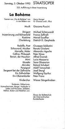 【↑↑ クリックで拡大】1992年10月3日のウィーン国立歌劇場の配役表：ドイツ語圏の歌劇場の多くは、プログラム冊子に当日の配役表を挟み込んで販売する（この紙だけ毎回差し替える）。ここでは、2行目に「この演出における223回目の公演」と明記されている。