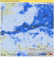 Aktuell ostwärts über die Pfalz ziehende Regenfront (www.wetter.com)