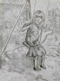 Swinging Girl, pencil drawing on paper, only a photo, 1988 copyright 