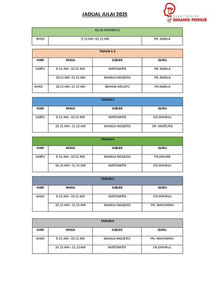 Jadual Kelas Bulan Julai 2025 : Sekolah Rendah 