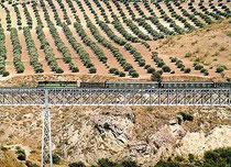 Ómnibus en el puente sobre el rio San Juan, Alcaudete (Jaén).