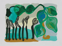 Marielle Paul, Les arbres masqués, septembre 2007, gouache sur papier. © Collection artothèque du musée des beaux-arts de Brest