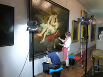 Françoise Le Corre et Gwenola Corbin restaurant la toile de François-Édouard Cibot, Les Amours des anges au moment du déluge, en 2013.