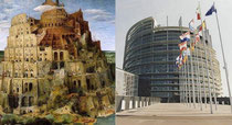 L’edificio del Parlamento Europeo, a Strasburgo, a fianco la Torre di Babele, dipinta da Pieter Bruegel, seguendo la descrizione biblica. 