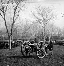 Mathew Brady, Union soldier by gun at US Arsenal, Washington DC, 1862, USA Library of Congress