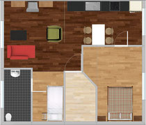 Grundriss: Wohnraum, Schlafraum, Küche