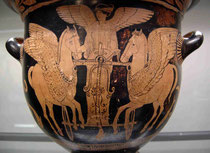 Eos fliegt mit ihrem Wagen über das Meer, rotfiguriger Krater aus Unteritalien, 430-420 v. Chr., Staatliche Antikensammlungen