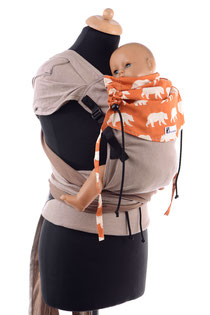 Huckepack Wrap Tai, Babytrage aus Tragetuchstoff mit auffächerbaren Trägern und stabilem Hüftgurt mit Schnalle