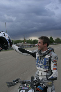 J.R. Addison salutes Gage Beland, by displaying the "#63 Strong" logo,on his helmet, to his cheering fans