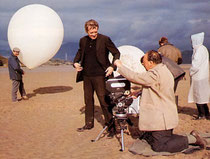 Behind the scenes with Patrick McGoohan as The Prisoner, and his co-star, Rover, the omnipresent balloon sentry!